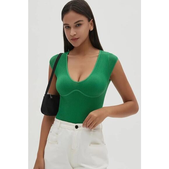 CHYRII Womens Sexy Summer V Neck Bodysuit Tops Short Sleeve Going Out Top Green - Picture 1 of 3